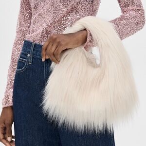 LoveShackFancy Pink Sequin Top with Cream Faux Fur Bag